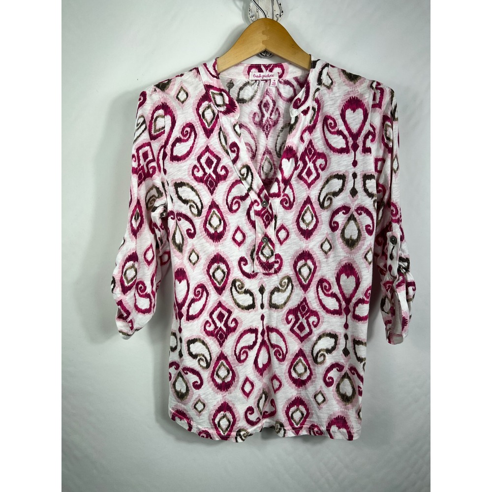 Fresh Produce Womens Pink Ikat Cotton Roll Tab 3/4 Sleeve V-Neck‎ Top Size M USA